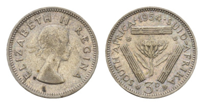 ЮАР 3 пенса 1954 Елизавета II (1952-2022) KM 47 серебро 4547-421