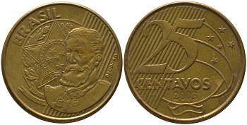 Бразилия 25 сентаво 2003 KM 650, Schon 158 сталь плакированная бронзой 4525-333