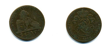 БЕЛЬГИЯ 2 САНТИМА 1863 BELGES KM 4.2 медь 57-516