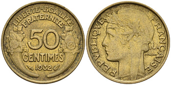 Франция 50 сантимов 1932 KM 894.1, Le Franc 192.15 алюминиевая бронза 4596-761