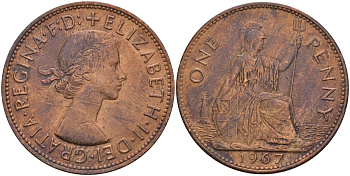 Великобритания 1 пенни 1967 Елизавета II (1952-2022) KM 897, Spink 4157 бронза 4140-136