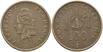 Французская Новая Каледония 100 франков 2002 хижина среди сосен и пальм, (IEOM) KM 15, Schoen 16, Lec 139f никель бронза 109-441