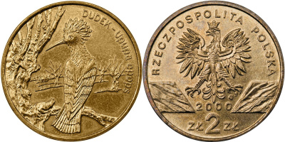 Польша 2 злотых 2000 MW, серия сохраним природу, удод KM 388 нордик  UNC  4521-823