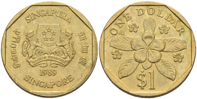Сингапур 1 доллар 1989 барвинок KM 54b алюминиевая бронза 4116-416