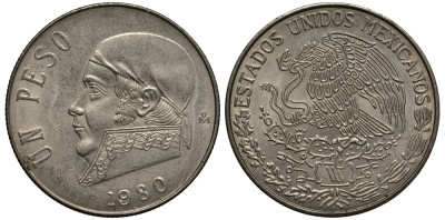 Мексика 1 песо 1980 Хосе Мария Морелос, закрытая 8 KM 460 медно-никель VF+ 215-925
