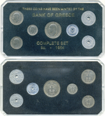 Греция набор из 7 монет (5, 10, 20 и 50 лепт; 1, 2 и 5 драхм) 1954 KM 77, 78, 79, 80, 81, 82 и 83 8-2-05-47