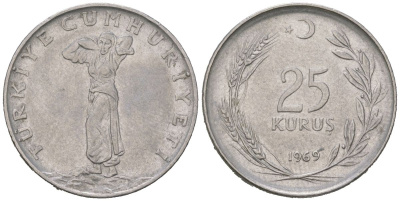Турция 25 курушей 1969 KM 892.3 нержавеющая сталь 4616-1254