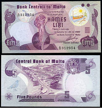 Мальта 5 лир 1967 (1979) скульптура "Культура", промышленный комплекс Марса Pick 35 b  бумага  UNC (пресс) 450-44-3