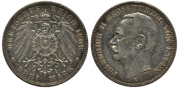 Баден 3 марки 1909 Фридрих II (1907-1918) J. 39, KM 280 серебро    3711-1631