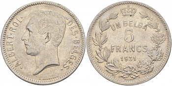 БЕЛЬГИЯ 5 ФРАНКОВ 1931 BELGES KM 97.1 никель 69-223