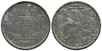 БЕЛЬГИЯ 1 ФРАНК 1942 BELGIQUE-BELGIE, ГЕРМАНСКАЯ ОККУПАЦИЯ, ВТОРАЯ МИРОВАЯ ВОЙНА KM 127 цинк 179-714