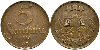 ЛАТВИЯ 5 САНТИМОВ 1922 WITH NAME, ПЕРВАЯ РЕСПУБЛИКА (1918-1939) KM 3 бронза 86-822