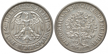 Германия 5 рейхсмарок 1931 J, Веймарская республика, дуб Weege 21, J. 331, KM 56 серебро 00-814-77