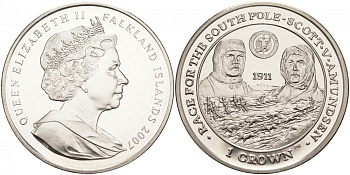 Фолклендские острова 1 крона 2007 экспедиции к Южному полюсу Скотта и Амундсена, 1911 KM 158 медно-никель UNC 74-222