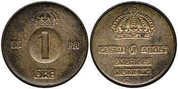 Швеция 1 эре 1958 TS, Густав VI Адольф (1950-1973) KM 820 бронза 201-1146