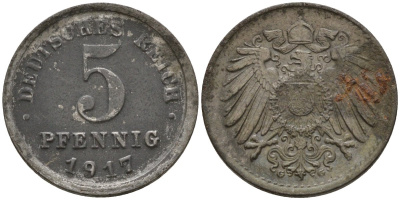 Германия 5 пфеннигов 1917 G KM 19, J. 297 железо 4151-567