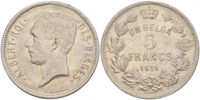 БЕЛЬГИЯ 5 ФРАНКОВ 1931 BELGES KM 97.1 никель 69-223