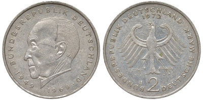 ФРГ 2 марки 1972 J, Теодор Хойс KM 127, J. 407 медно-никель плакированный никелем 4137-1016