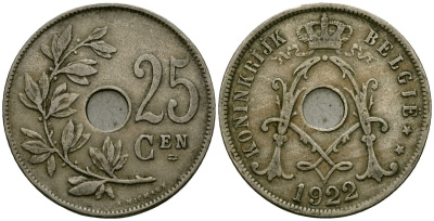Бельгия 25 сантимов 1922 Belgie, Альберт I (1909-1934) KM 69 медно-никель 4165-836