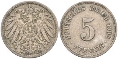 ГЕРМАНИЯ 5 ПФЕННИГОВ 1902 A, KM 11, J. 12 медно-никель 73-1543