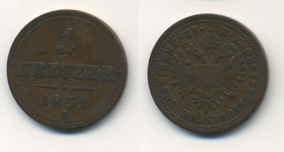 Австрия 1 крейцер 1851 B, Франц Иосиф I (1848-1916) KM 2185 медь 37-117