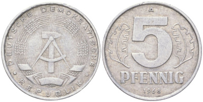 ГДР 5 пфеннигов 1968 A KM 9.1 алюминий 4613-942