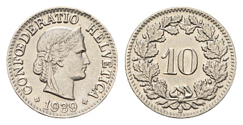 Швейцария 10 раппенов 1939 KM 27b никель 4685-242