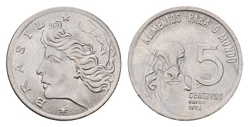 Бразилия 5 сентаво 1975 ФАО, зебу KM 587 нержавеющая сталь UNC 4687-1017