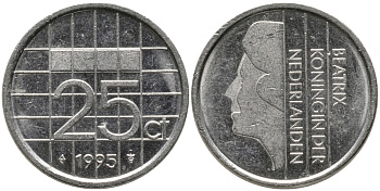 НИДЕРЛАНДЫ 25 ЦЕНТОВ 1995 БЕАТРИКС KM 204 никель 96-1262
