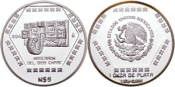 Мексика 5 песо 1994 Mascaron Del Dios Chaac, тираж 4500 экземпляров KM 577 серебро PROOF 1068-4-41