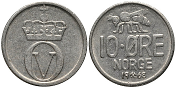 Норвегия 10 эре 1968 пчела, Улаф V (1958-1991) KM 411 медно-никель 206-1111