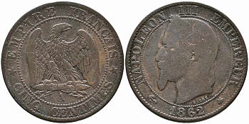 ФРАНЦИЯ 5 САНТИМОВ 1862 А, НАПОЛЕОН III (1852-1870) KM 797.1, LE FRANC 117.5 бронза 85-356