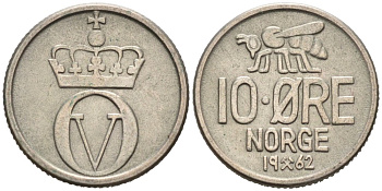 Норвегия 10 эре 1962 ПЧЕЛА, Улаф V KM 411 медно-никель 4564-825