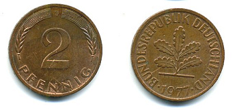 ФРГ 2 пфеннига 1977 G KM 106a, J.381a сталь плакированная медью 3999-1133