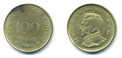 Аргентина 100 песо 1980 генерал Хосе де Сан Мартин KM 85 алюминиевая бронза 80-243