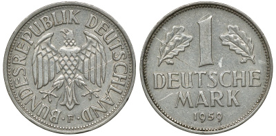 ФРГ 1 МАРКА 1959 F J 385, KM 110 медно-никель 72-653