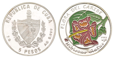 Куба 5 песо 1997 Карибская флора - Гибискус волнистый KM 581 серебро PROOF 11-085-34