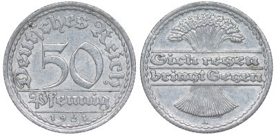 Германия 50 пфеннигов 1921 A KM 27, J. 301 алюминий 4114-513