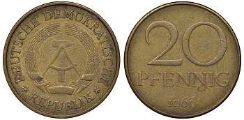 ГДР 20 пфеннигов 1969 А, первый год KM 11 латунь 62-947