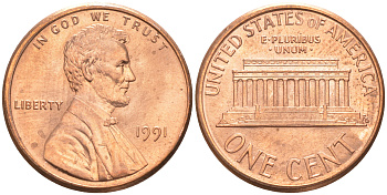 США 1 ЦЕНТ 1991 ЛИНКОЛЬН KM 201b цинк плакированный медью UNC 187-666