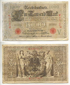 ГЕРМАНИЯ 1000 МАРОК 1910 КРАСНАЯ ПЕЧАТЬ, 6 ЦИФР В НОМЕРЕ Pick 44a бумага 6283-1-2