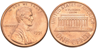 США 1 ЦЕНТ 1991 ЛИНКОЛЬН KM 201b цинк плакированный медью UNC 187-666