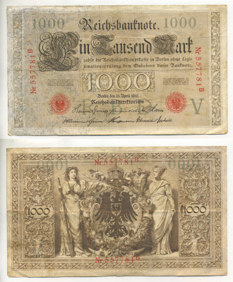 ГЕРМАНИЯ 1000 МАРОК 1910 КРАСНАЯ ПЕЧАТЬ, 6 ЦИФР В НОМЕРЕ Pick 44a бумага 6283-1-2