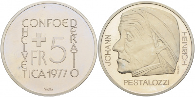 ШВЕЙЦАРИЯ 5 ФРАНКОВ 1977 ЙОХАН ГЕНРИХ ПЕСТАЛОЦЦИ, 150 ЛЕТ СО ДНЯ СМЕРТИ KM 55 медно-никель PROOF 1087-3-41