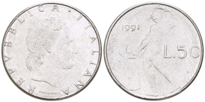 ИТАЛИЯ 50 ЛИР 1991 R, КУЗНЕЦ, ВУЛКАН БОГ ОГНЯ, ДИАМЕТР 16,5 ММ. KM 95.2 нержавеющая сталь 4528-112