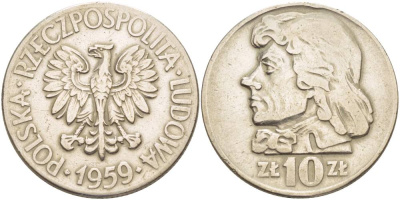 Польша 10 злотых 1959 MW, Тадеуш Костюшко, первый год KM 50 медно-никель 4542-1225