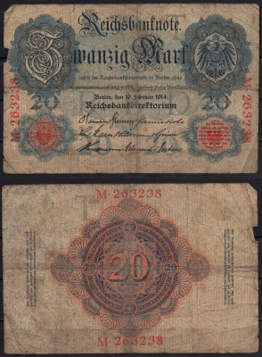 Германия 20 марок 1914 Pick 46a бумага 8592-35-3-1
