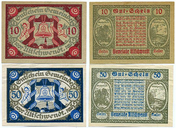 Австрия, Ultschwendt набор из 2 банкнот 10 И 50 геллеров 1920 25 Апреля 1920, нотгельд, земля Верхняя Австрия   бумага  UNC (пресс) 7555-11-1-2