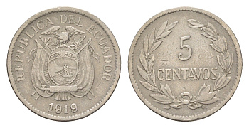 Эквадор 5 сентаво 1919 KM 63 медно-никель 4640-1067