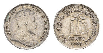 Цейлон 10 центов 1908 Эдуард VII (1901-1910) KM 97 серебро  aUNC  1527-1344